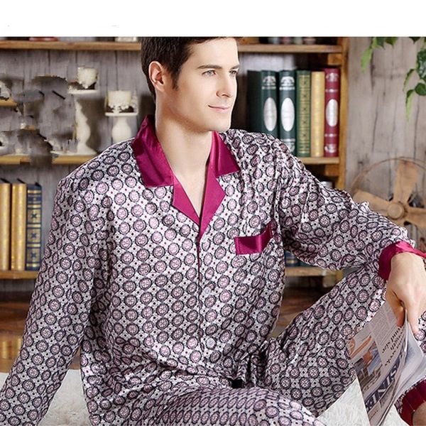 

pajama set imitation silk pajamas men cozy soft long sleeve nightgown trousers two pieces sleepwear set pyjamas home clothe 201109, Black;brown