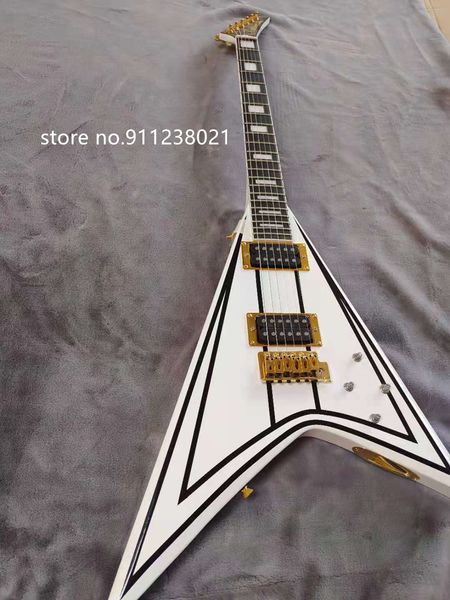 

electric guitar, white flying v, golden hardware