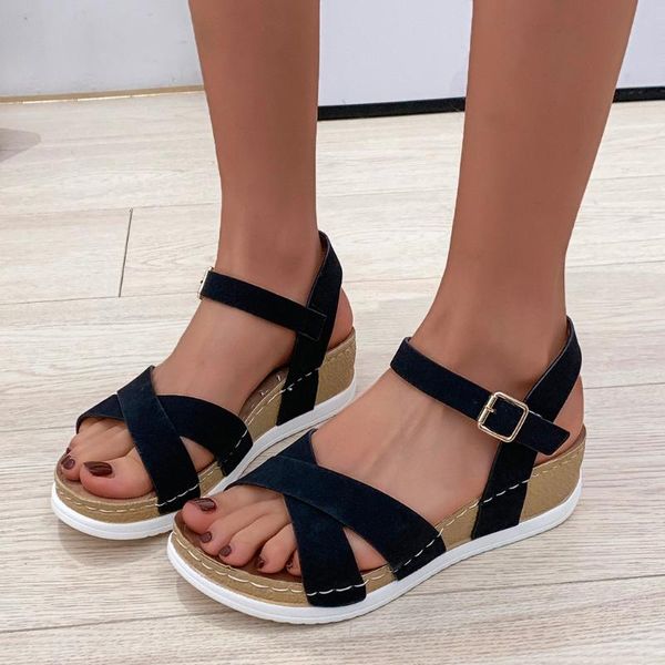 

women's ladies soft cross belt buckle shoes roman platform wedges sandalsfashion leisure wild comfortable early spring 2020, Black