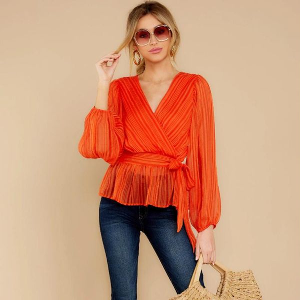 

women's blouses & shirts elegant women long sleeve chiffon blouse autumn shirt wild print v-neck lace up pullover solid bandage, White