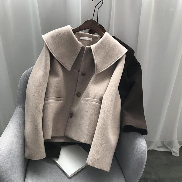 

mooirue fall basic jacket wool coat women padded lapel short woolen loose korean cardigan girls overcoat1, Black