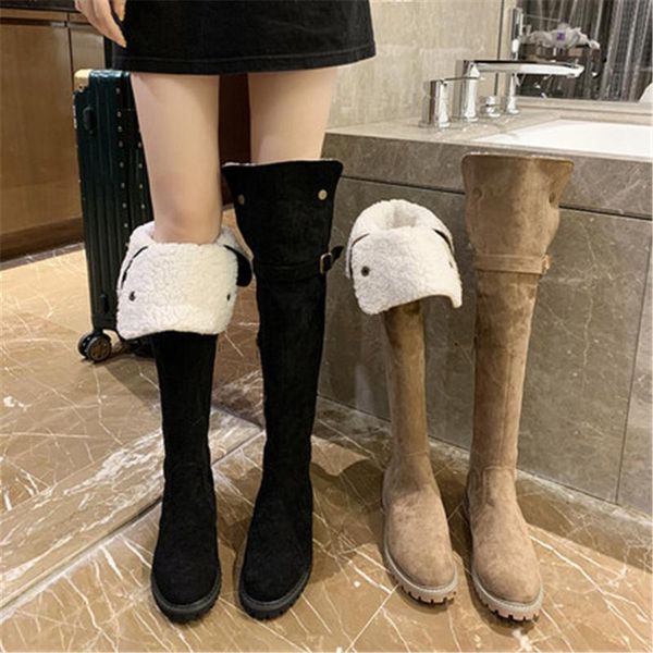 

boots thigh high women 2021 winter metal buckle square heel shoes long keep warm fur footwear size 35-39 black