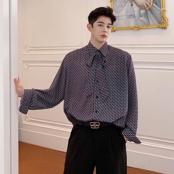 

stage clothing men bow tie ribbon long sleeve loose casual shirts japan korea style male vintage 3d print dress shirts11, White;black