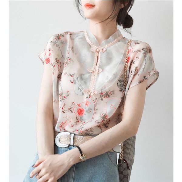 

ethnic clothing woman chinese retro short sleeve traditional style floral blouse summer silk satin buckle ladies shirts, Red