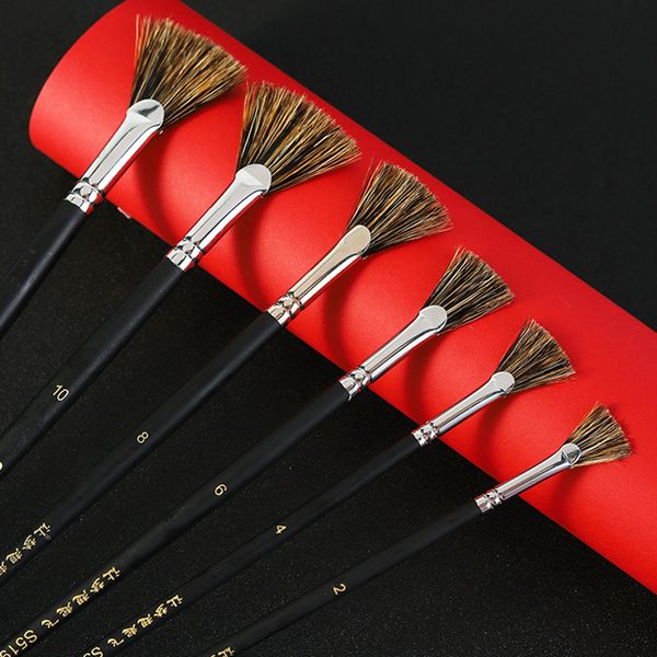 

6pcs/set special offer wild boar bristle brush pen set fan shape art supplies painting pen oil painting brush student stationery, Black;red