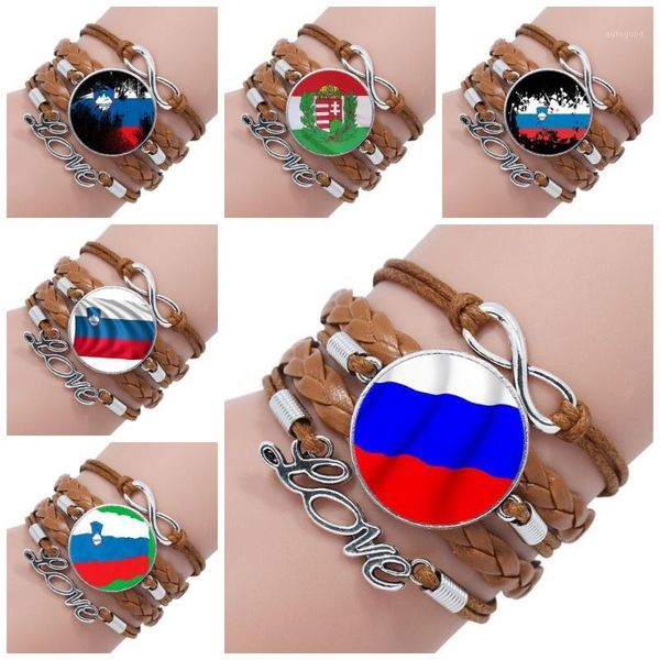 

charm bracelets national flag of slovenia pattern for girls handmade gift glass cabochon jewelry multilayer black/brown leather bracelet ban, Golden;silver