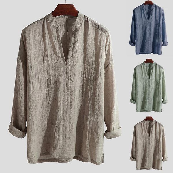 

summer men's baggy cotton linen solid long sleeve v neck shirts fashion casual loose1, White;black