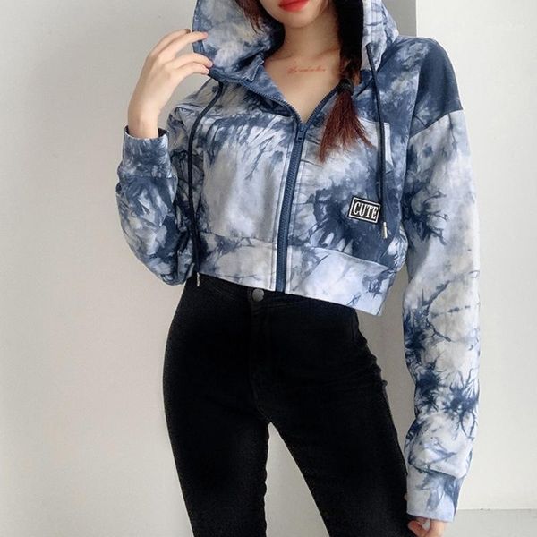 

women tie dye hoodies jacket drawstring zip up long sleeve cropped sweatshirt dxaa1, Black