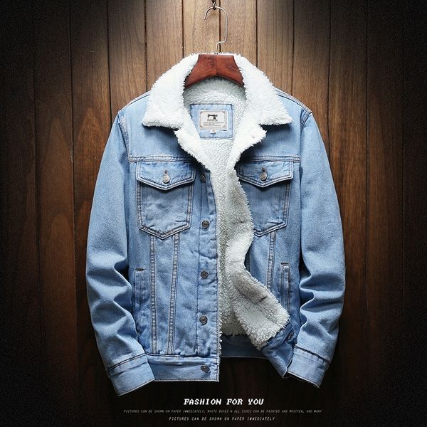

men light blue winter jean jackets outerwear warm denim coats large size wool liner thicker kg-926, Black;brown
