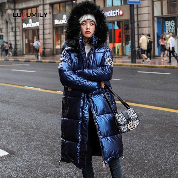 

2020 new women winter down jacket chic big fur warm ultra light long coat female parka hooded glossy jackets oversized, Black