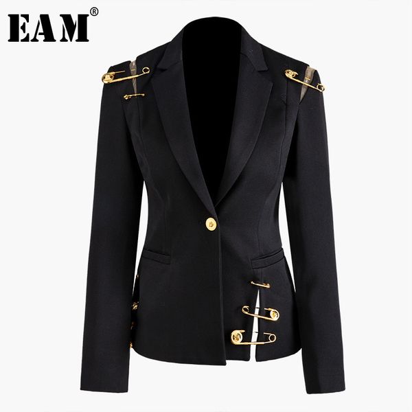 

[eam] loose fit black hollow out pin spliced jacket new lapel long sleeve women coat fashion tide spring autumn jz500 201023, Black;brown