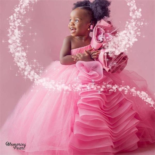 

pink ball gown flower girl dresses for wedding one shoulder tiered skirts toddler pageant gowns tulle kids prom dress, Red;yellow