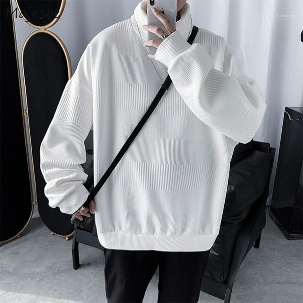 

men turtleneck sweater pullover solid loose korean fashion trendy simple warm basic knitted casual leisure students all-match1, White;black