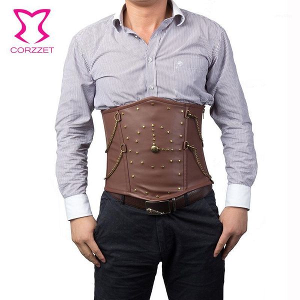 

corzzet brown leather underbust steampunk mens corsets and bustiers waist taining men cincher burlesque gothic men corset1, Black;brown
