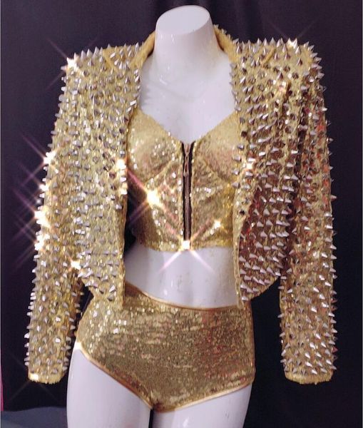 

stage wear 2 color sparkly rivets sequins jacket bra short set birthday prom outfit women singer dancer costume bar, Black;red
