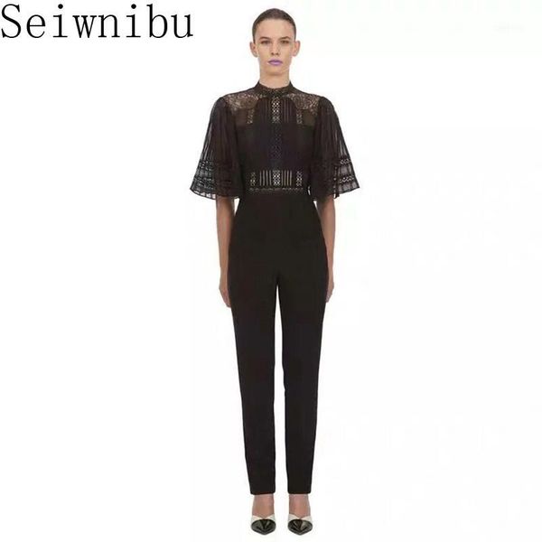 

fashion women temperament cloak sleeve mesh lace patchwork black jumpsuit self portrait high waist overalls romper jumpsuit1, Black;white