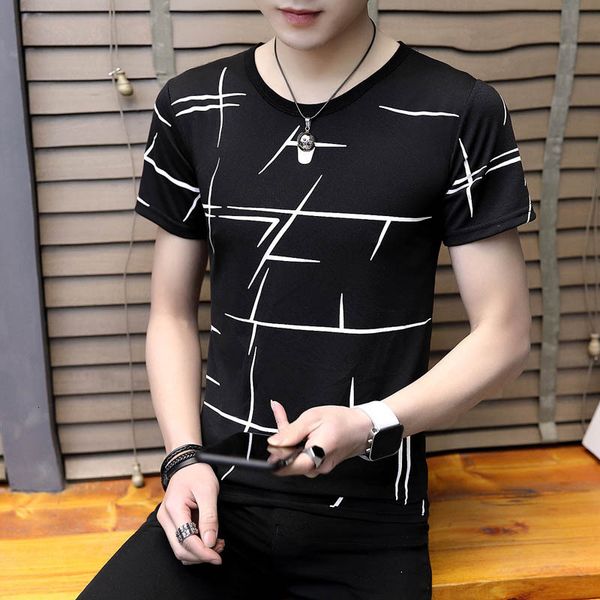 

summer new multi line personalized short sleeve round neck pullover printed trendy men's breathable t-shirt, White;black