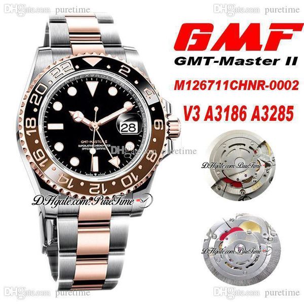 

gmf v3 gmt a3186 a3285 automatic chronograph mens watch two tone rg black brwon ceramic 904l steel bracelet edition ptrx puretime 2021, Slivery;brown