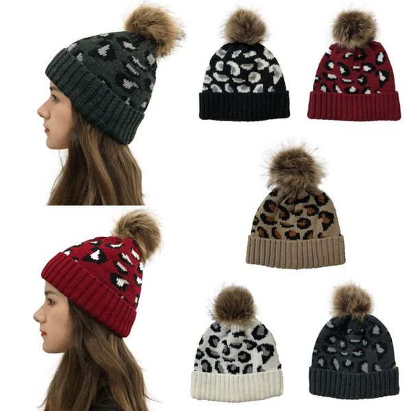 

leopard beanies женщин pom pom pompom winter hat помпон bonnet pompom акрилового искусственный мех повседневных теплая вязаная шапочка, Blue;gray