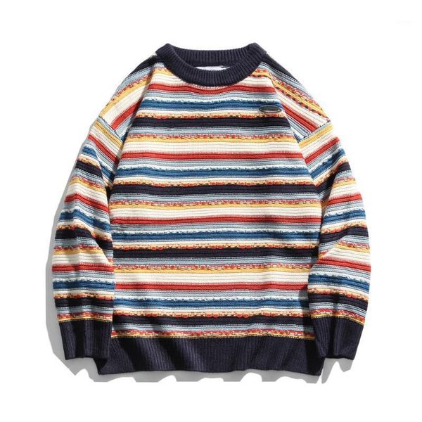 

striped round neck knit men's streetwear loose pullover sweater1, White;black