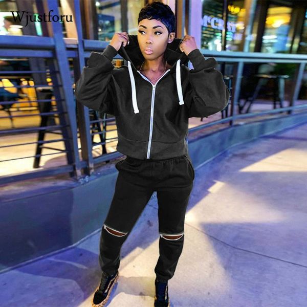 

wjustforu two piece outfits solid color drawstring hooded high waist hole zipper jogging pants club outfit for woman, Gray