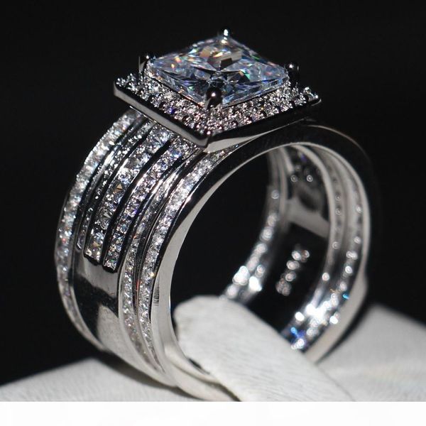

luxury men women fashion ring princess cut 3ct 5a zircon cz 925 sterling silver couple engagement wedding band ring set, Slivery;golden