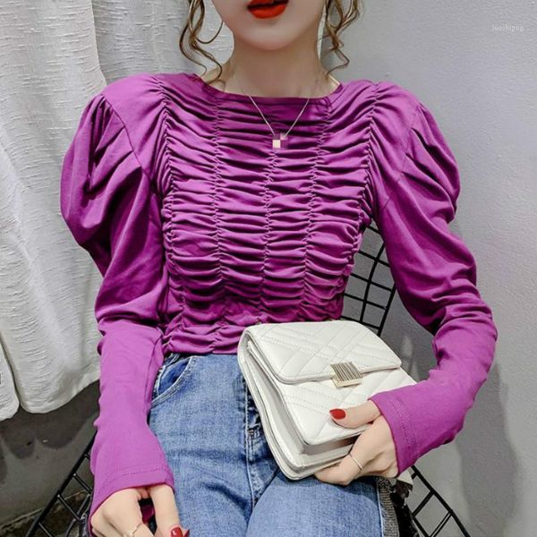 

new puff sleeve women korean solid pleated slim fit o-neck spring autumn elegant short t-shirt vintage clothes woman1, White