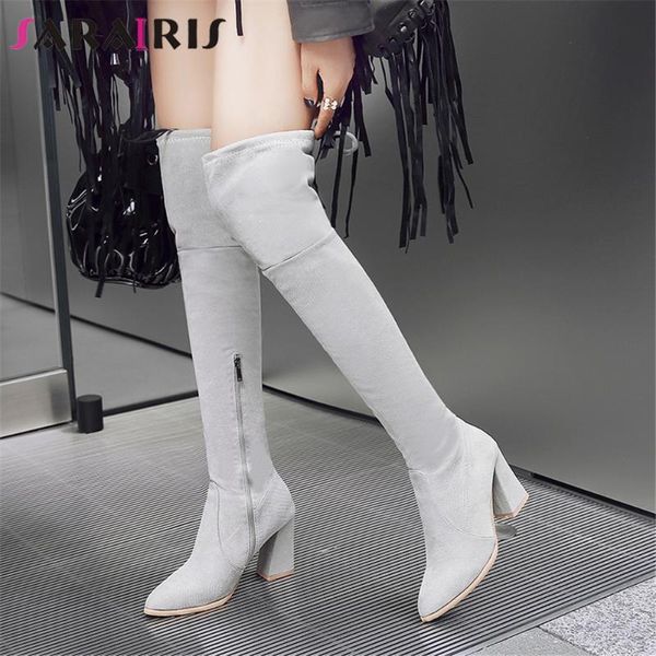 

sarairis big size 31-43 female autumn slim boots over the knee boots women pointed toe thick high heels thigh high shoes woman, Black