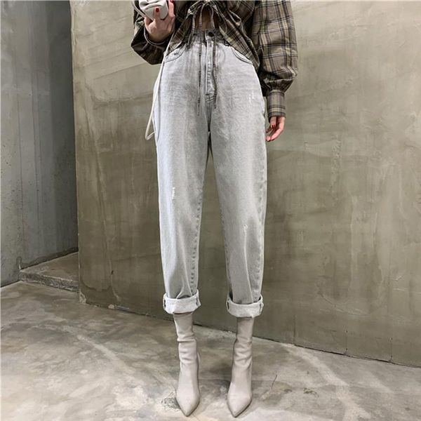 

урожай сыпучие женщины денима джинсы высокая талия карманы кнопка женские серые джинсовые брюки джинсы 2020 гарем брюки streetwear, Blue