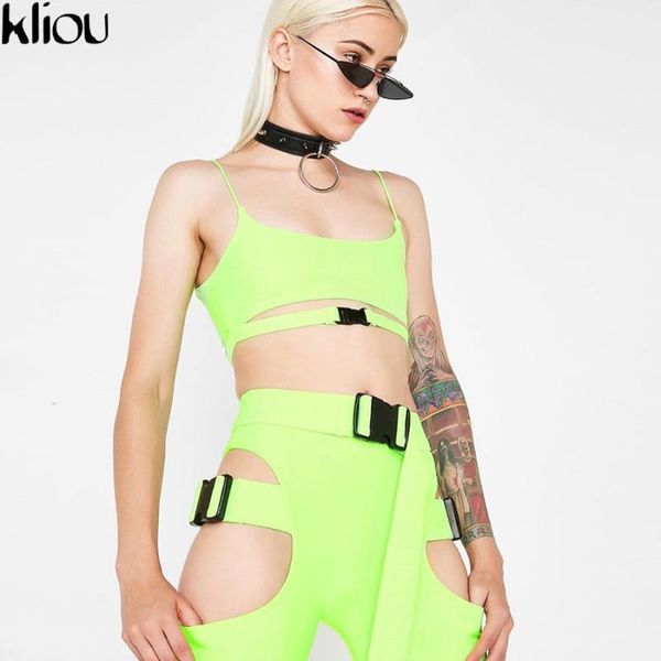 

kliou new women button hollow out two pieces sets high waist adjustable belt shorts strapless crop female suits, White