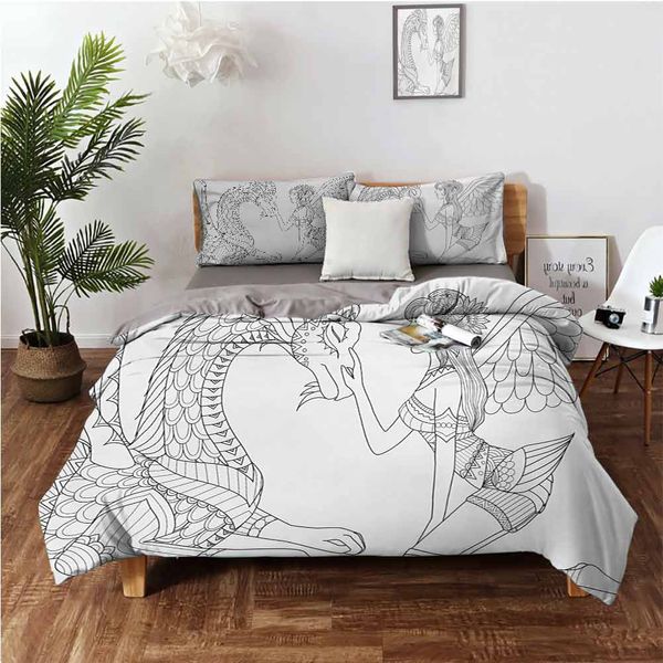 

drawing of a fairy caressing a dragon ornamental details flowers wings artworkbedding 3-piece set