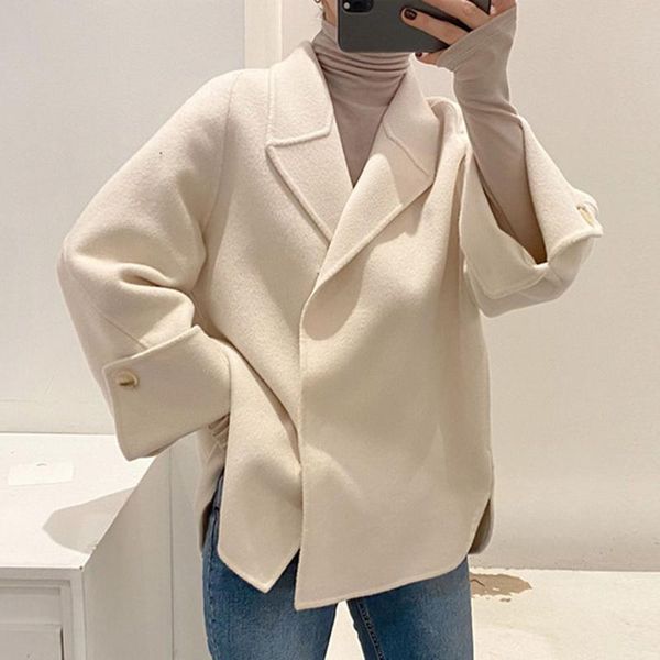 

[ewq] 2020 autumn winter female elegantesweet jacket turn-down collar long-sleeved covered button minimalist woolen woolen coat, Black