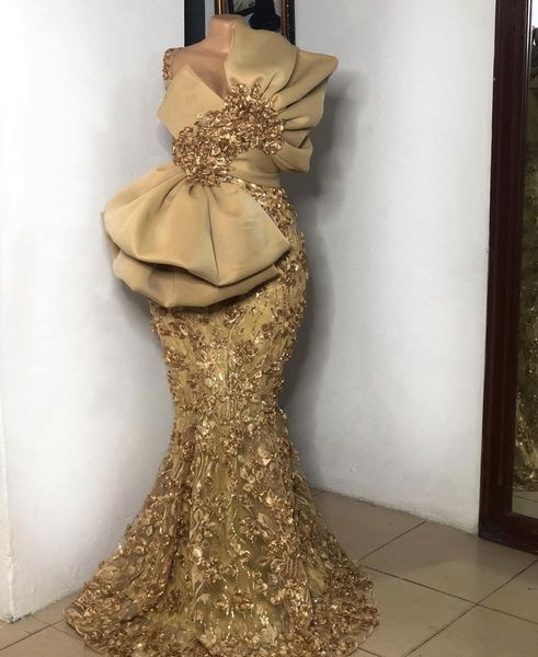 Robe de Soiree de Mariage Gold Mermaid Dresses Big Bow Long Aplique Apliques Africano Dress African Dress Vestidos árabe formalos