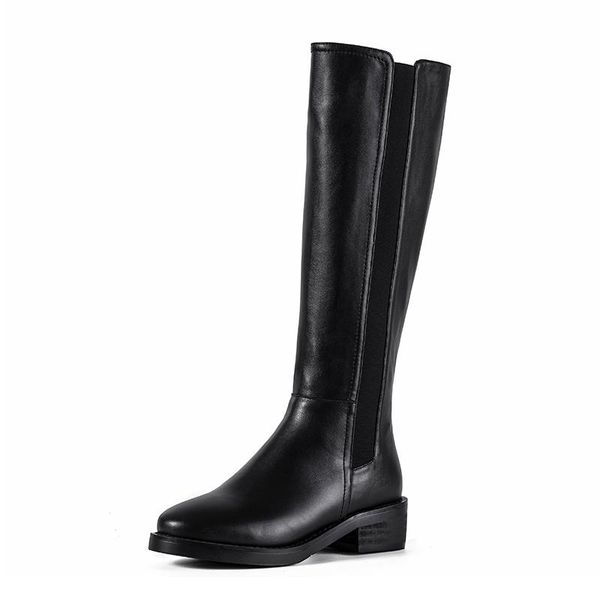

winter genuine leather knee high boots 2020 fashion thick heels shoes woman heels party dancing women boots, Black