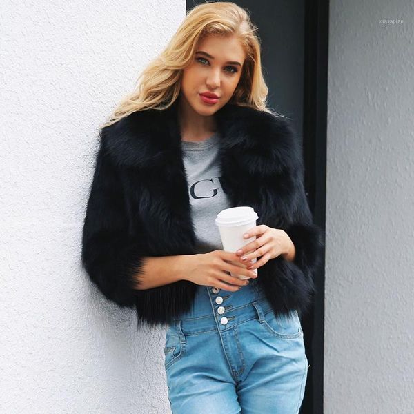 

women's fur & faux women jacket shaggy fluffy pure color three quarter sleeve coat 2021 autumn winter warm slim outerwear female1, Black