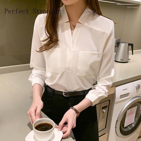 

2020 autumnnew arrival v collar long sleeve women chiffon blouse, White