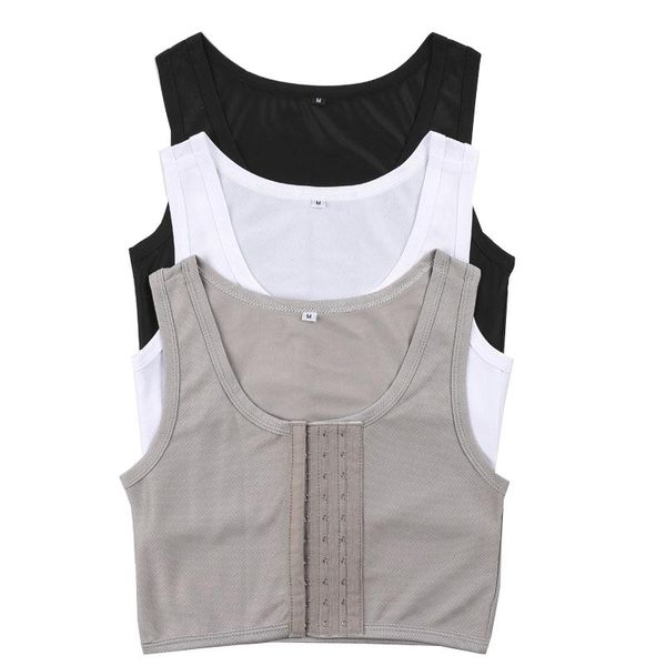

women men corset underbust trans les lesbian tomboy chest binder mesh front clasp underwear slim fit short vest crop top, Black;brown