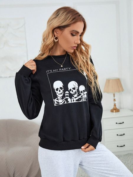 

skeleton and slogan graphic sweatshirt v0qc#, White;black