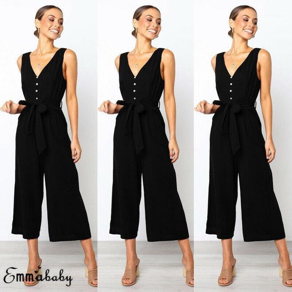 

2019 women summer sleeveless single-breasted jumpsuit long wide legs v-neck female bodycon elastic sashes bodysuit trouser1, Black;white