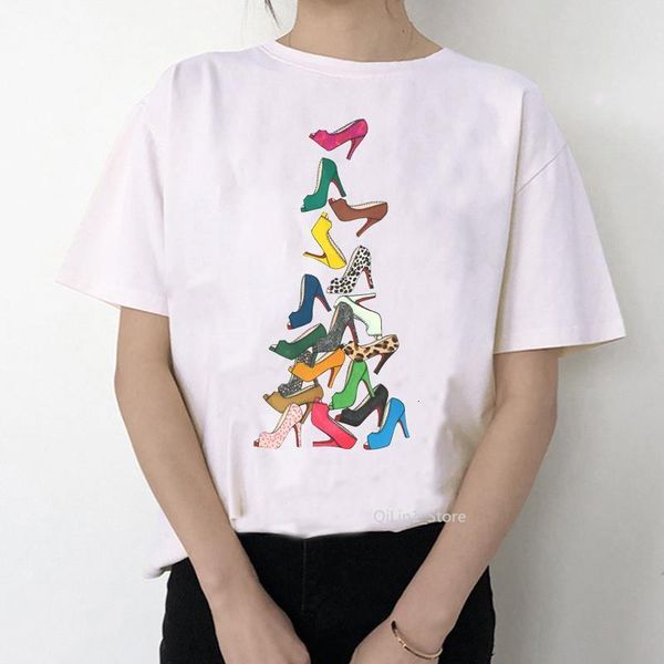 

watercolor high heels shoes print vogue t shirt femme sweet t shirt women 90s punk shirt hip hop hipster streetwear, White