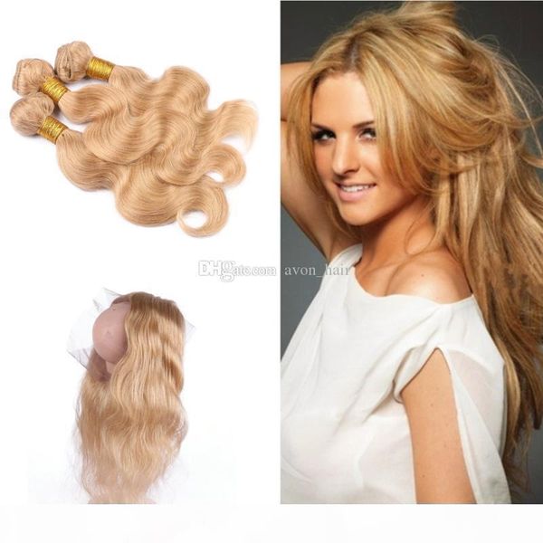 

honey blonde 27 body wave hair weaves with 360 frontal brazilian virgin human hair pre plucked 360 lace band frontal, Black;brown