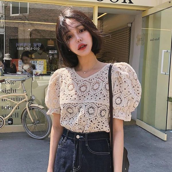 

blusas mujer de moda summer new korean clothes elegant hollow out shirt puff sleeve see through blouses sweet 1, White