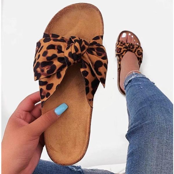 

women's bow-knot leopard slippers female summer fashion bow flat slippers ladies's outdoor leisure comfort cork leopard sandals x1, Black