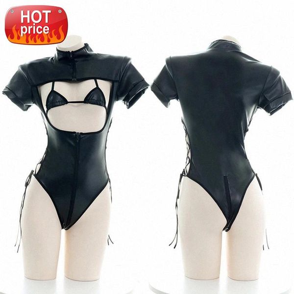 

black faux leather body suits for women sheer costume bra anime cosplay outfit teddy babydoll lingerie one piece bodysuit #j80m, Black;white