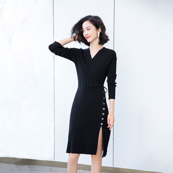 

new a female play with low-cut v dress of knitted or crocheted korean cord elegant sleeve autumn long-sleeved winter woman knitting 3h1q, Black;gray
