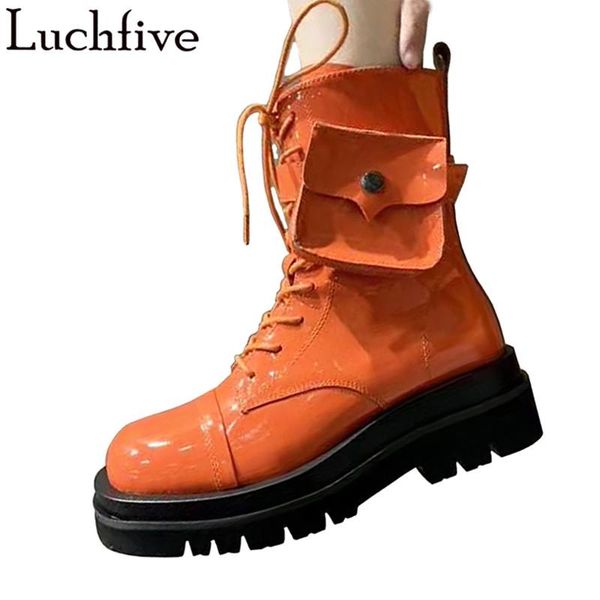 

англия thick sole motorcycle boots женщина осени новые кожаные сапоги orange box карманный дизайн зашнуровать платформа голеностопного женщи, Black