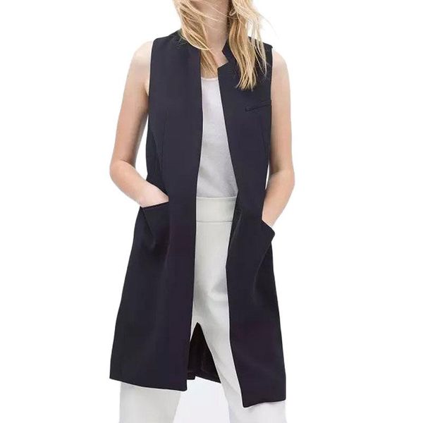 

blazer casual women vest waistcoat women long suit vest female jacket coat black pockets office lady, Black;white