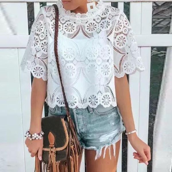 

women's blouses & shirts 2021 womens round neck shirt elegant lady office lace hollowing out blouse women short sleeve camisa #t1g1, White