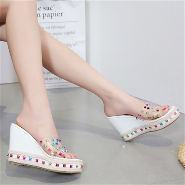 

2020 woman new rivets slippers in high heels 15cm women's women shoes party n21p, Black