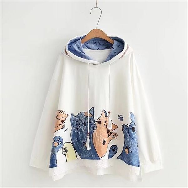 

kawaii cat printed hoodies female lace patchwork hem autumn outerwear new womens funny loose hooded tracksuit sweatshirts, Black
